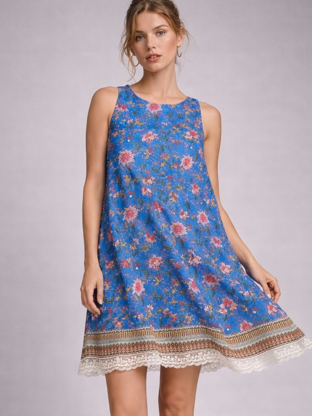 Blue Floral Lace Hem Shift Dress | Boho Cottagecore Mini